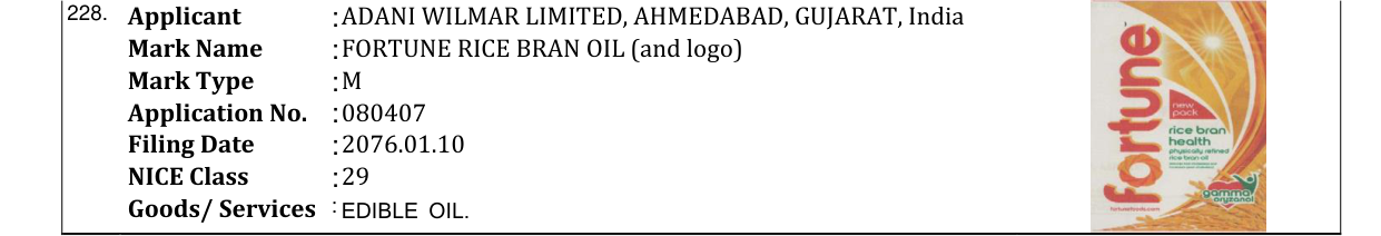 Original bulletin entry for FORTUNE RICE BRAN OIL (and logo)