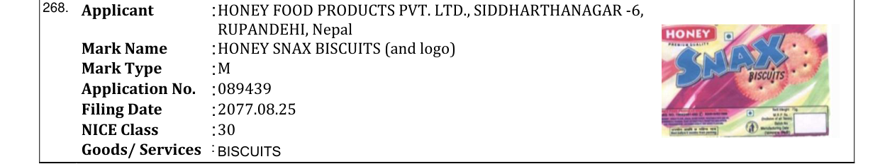 Original bulletin entry for HONEY SNAX BISCUITS (and logo)