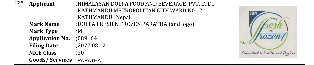 Original bulletin entry for DOLPA FRESH N FROZEN PARATHA (and logo)