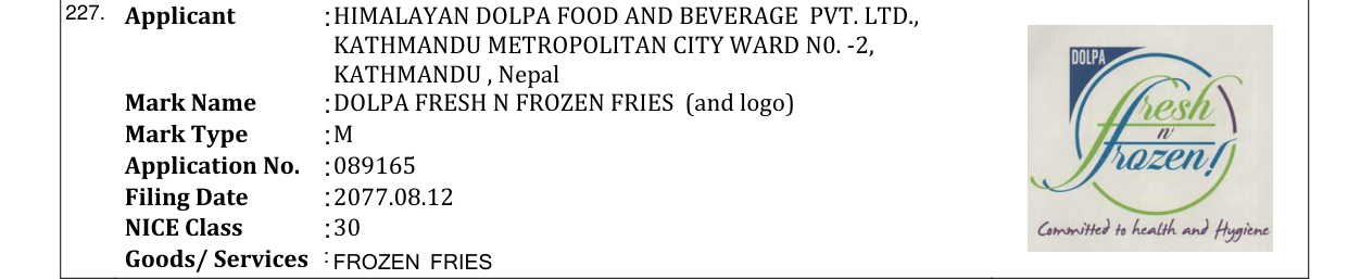 Original bulletin entry for DOLPA FRESH N FROZEN FRIES (and logo)