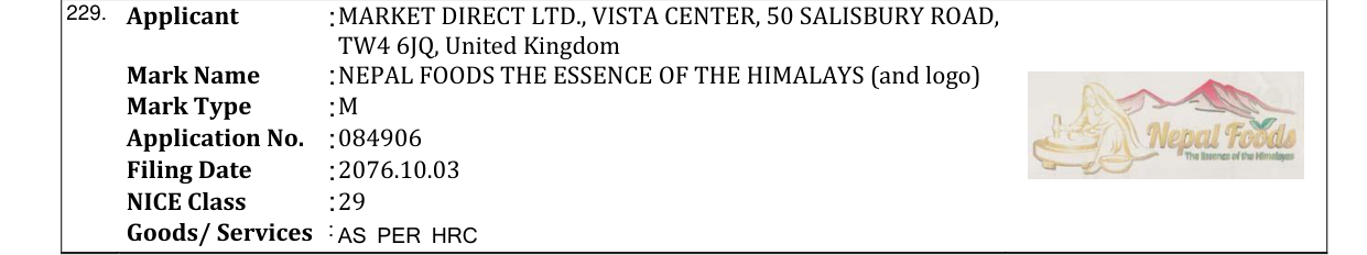 Original bulletin entry for NEPAL FOODS THE ESSENCE OF THE HIMALAYS (and logo)