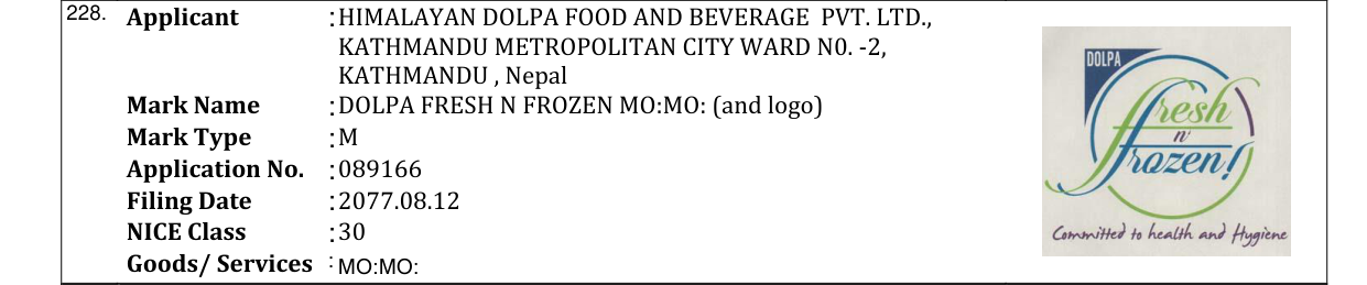 Original bulletin entry for DOLPA FRESH N FROZEN MO:MO: (and logo)