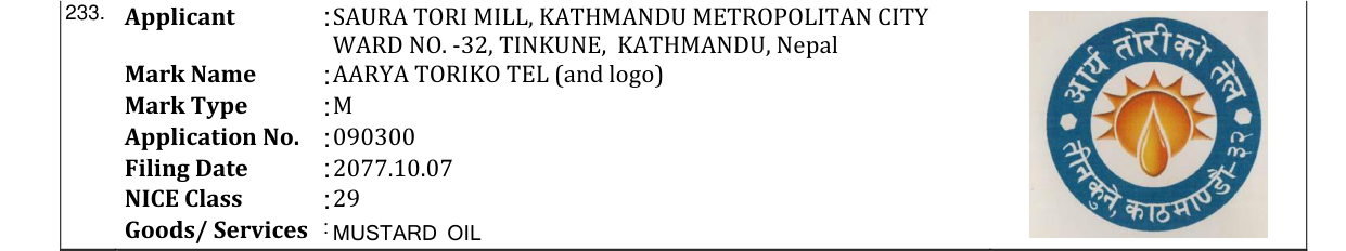 Original bulletin entry for AARYA TORIKO TEL (and logo)