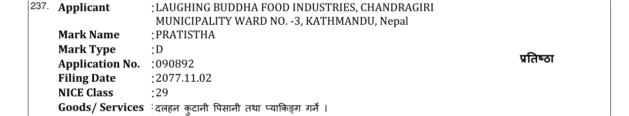 Original bulletin entry for PRATISTHA