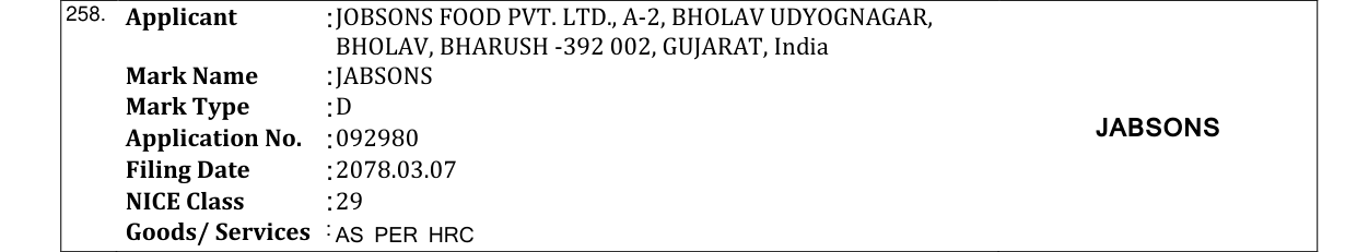 Original bulletin entry for JABSONS