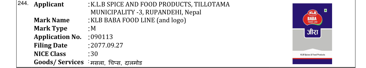 Original bulletin entry for KLB BABA FOOD LINE (and logo)