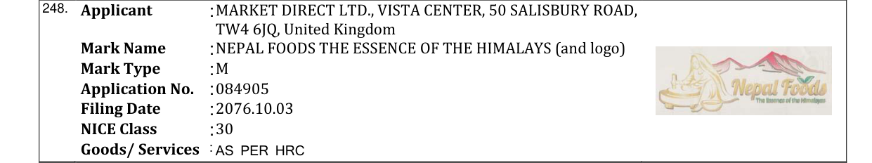 Original bulletin entry for NEPAL FOODS THE ESSENCE OF THE HIMALAYS (and logo)