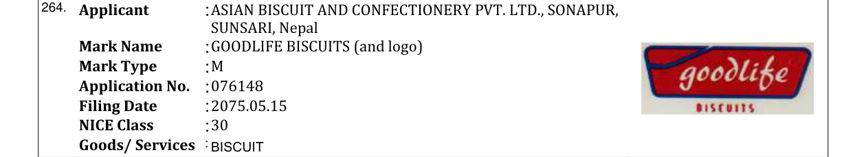 Original bulletin entry for GOODLIFE BISCUITS (and logo)