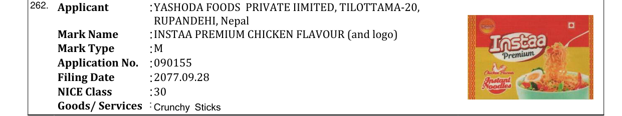 Original bulletin entry for INSTAA PREMIUM CHICKEN FLAVOUR (and logo)