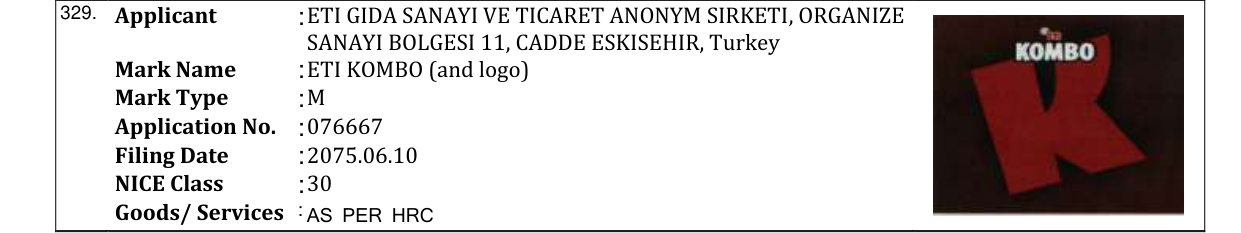 Original bulletin entry for ETI KOMBO (and logo)