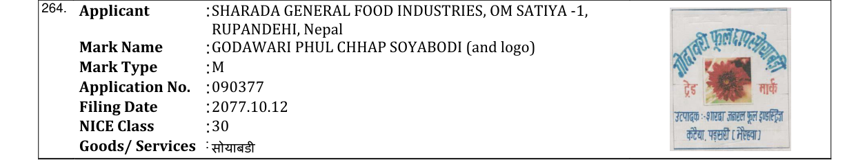 Original bulletin entry for GODAWARI PHUL CHHAP SOYABODI (and logo)