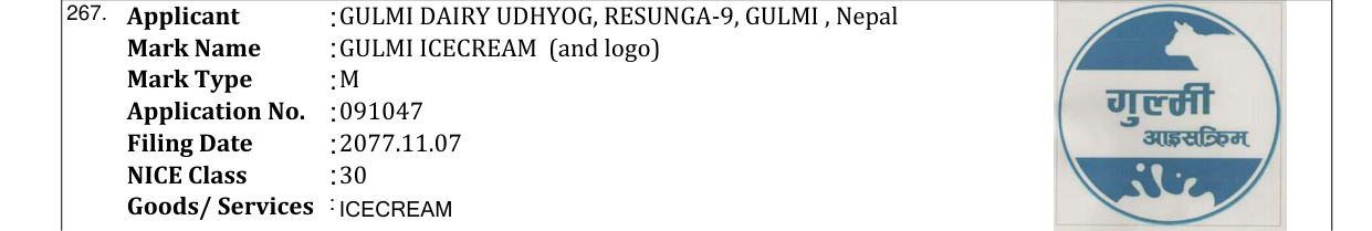 Original bulletin entry for GULMI ICECREAM (and logo)