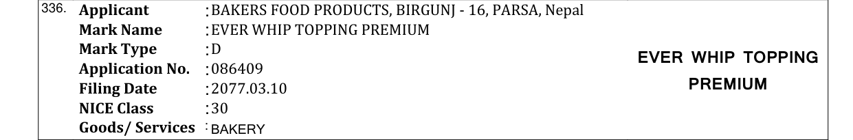 Original bulletin entry for EVER WHIP TOPPING PREMIUM