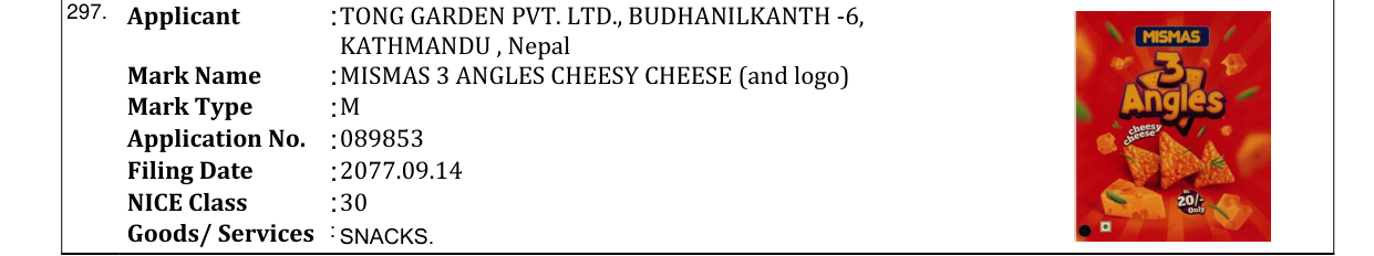 Original bulletin entry for MISMAS 3 ANGLES CHEESY CHEESE (and logo)
