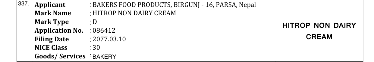 Original bulletin entry for HITROP NON DAIRY CREAM