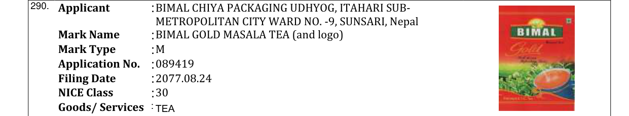 Original bulletin entry for BIMAL GOLD MASALA TEA (and logo)