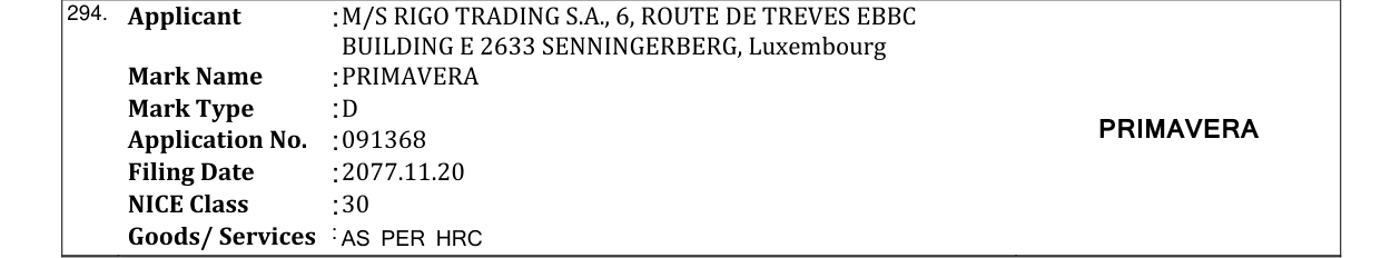 Original bulletin entry for PRIMAVERA