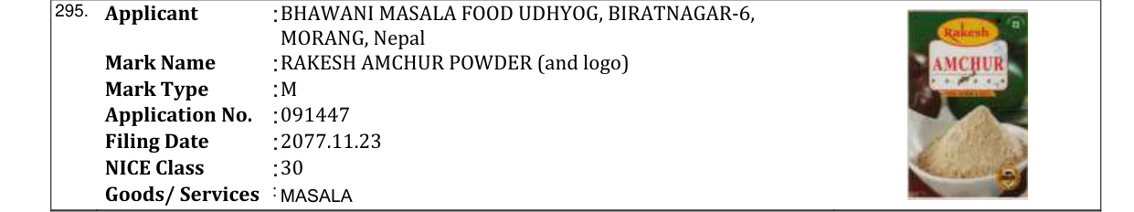 Original bulletin entry for RAKESH AMCHUR POWDER (and logo)