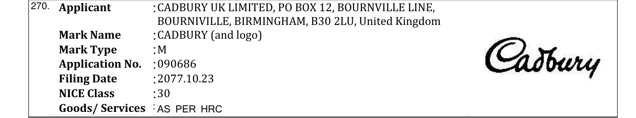 Original bulletin entry for CADBURY (and logo)
