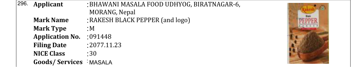 Original bulletin entry for RAKESH BLACK PEPPER (and logo)