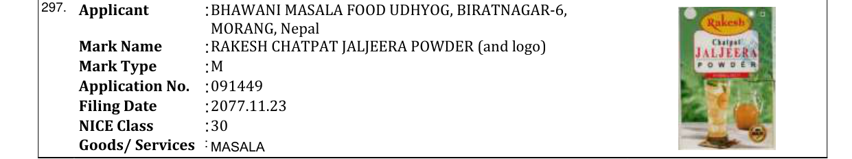 Original bulletin entry for RAKESH CHATPAT JALJEERA POWDER (and logo)