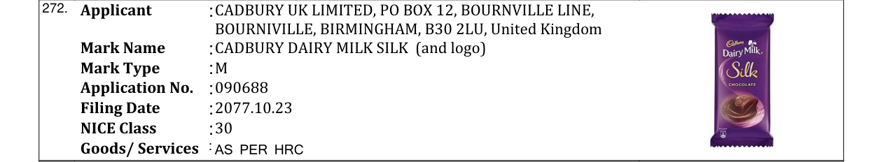 Original bulletin entry for CADBURY DAIRY MILK SILK (and logo)
