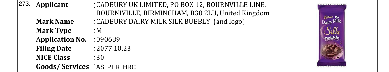 Original bulletin entry for CADBURY DAIRY MILK SILK BUBBLY (and logo)