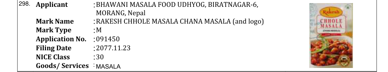 Original bulletin entry for RAKESH CHHOLE MASALA CHANA MASALA (and logo)