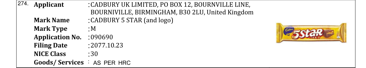 Original bulletin entry for CADBURY 5 STAR (and logo)