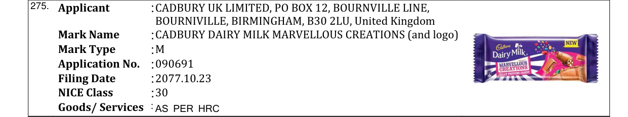 Original bulletin entry for CADBURY DAIRY MILK MARVELLOUS CREATIONS (and logo)