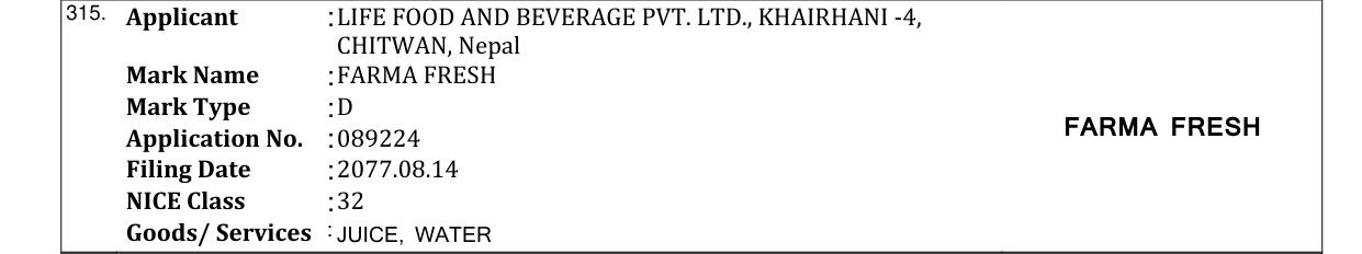 Original bulletin entry for FARMA FRESH