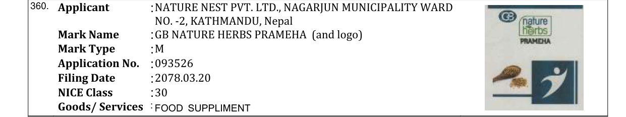 Original bulletin entry for GB NATURE HERBS PRAMEHA (and logo)