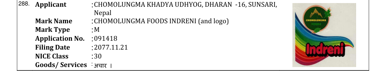 Original bulletin entry for CHOMOLUNGMA FOODS INDRENI (and logo)