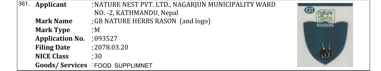 Original bulletin entry for GB NATURE HERBS RASON (and logo)