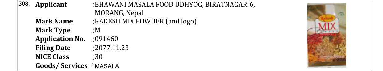 Original bulletin entry for RAKESH MIX POWDER (and logo)