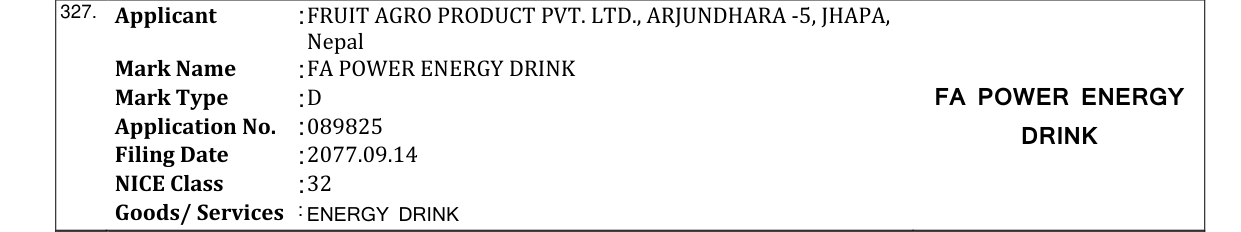 Original bulletin entry for FA POWER ENERGY DRINK