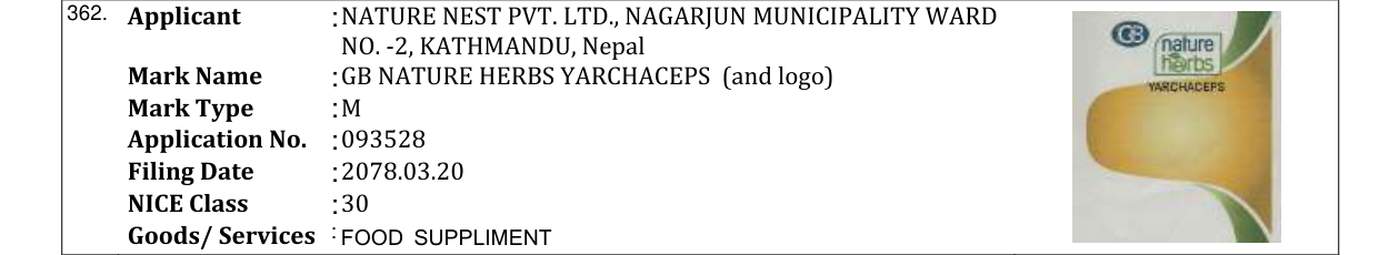 Original bulletin entry for GB NATURE HERBS YARCHACEPS (and logo)