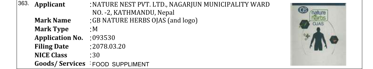 Original bulletin entry for GB NATURE HERBS OJAS (and logo)