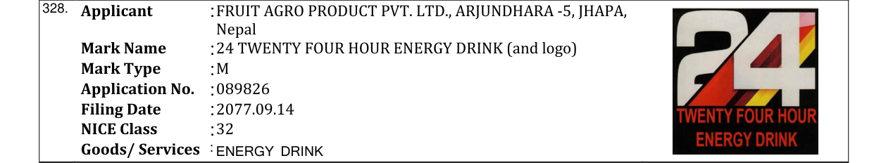 Original bulletin entry for 24 TWENTY FOUR HOUR ENERGY DRINK (and logo)