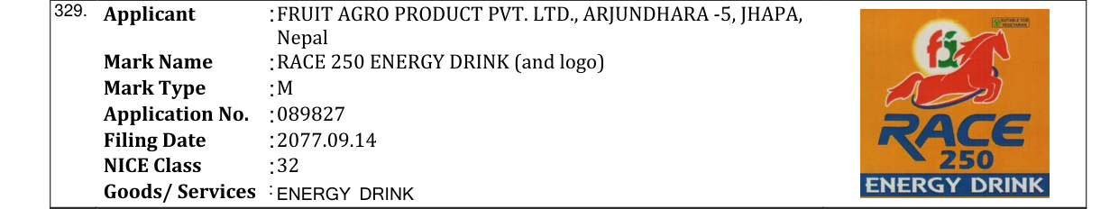 Original bulletin entry for RACE 250 ENERGY DRINK (and logo)