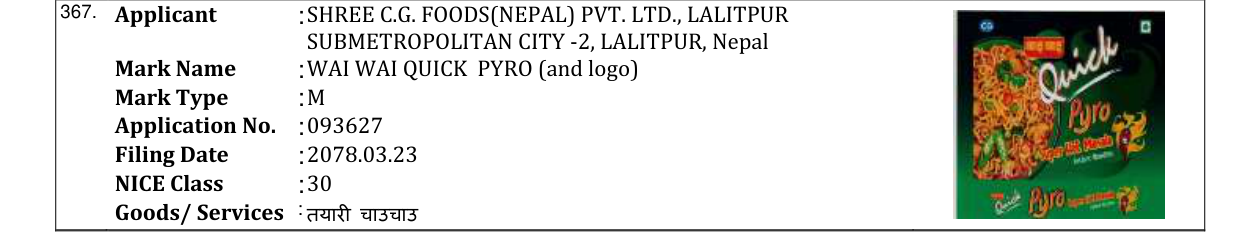 Original bulletin entry for WAI WAI QUICK PYRO (and logo)