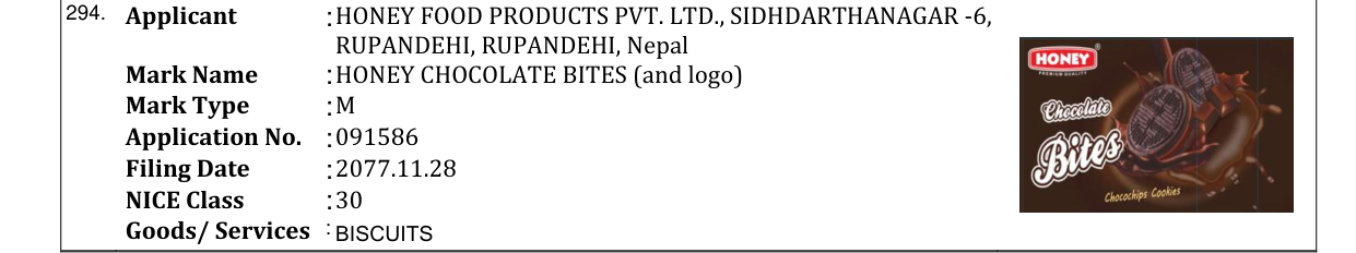 Original bulletin entry for HONEY CHOCOLATE BITES (and logo)