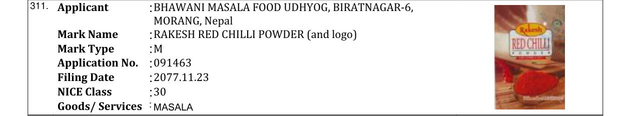 Original bulletin entry for RAKESH RED CHILLI POWDER (and logo)
