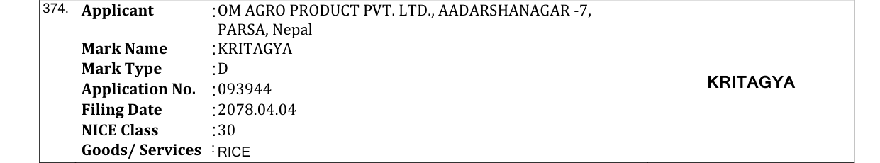 Original bulletin entry for KRITAGYA