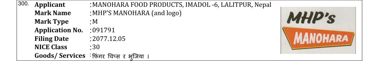 Original bulletin entry for MHP'S MANOHARA (and logo)