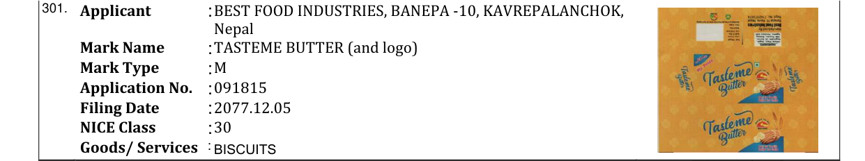 Original bulletin entry for TASTEME BUTTER (and logo)