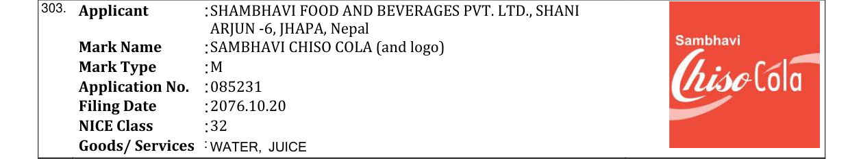 Original bulletin entry for SAMBHAVI CHISO COLA (and logo)