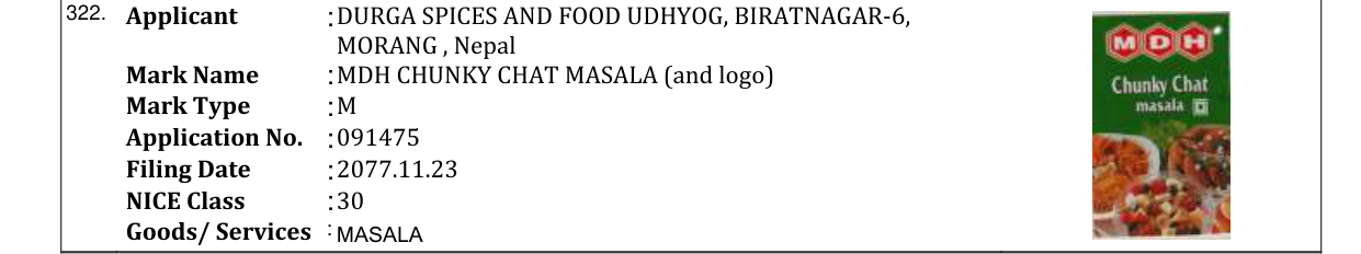 Original bulletin entry for MDH CHUNKY CHAT MASALA (and logo)
