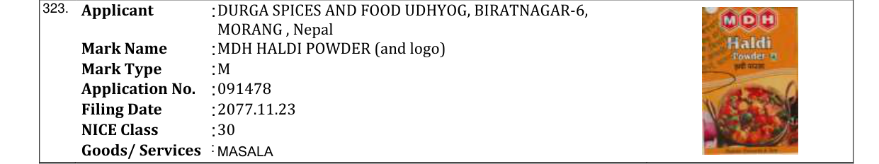 Original bulletin entry for MDH HALDI POWDER (and logo)