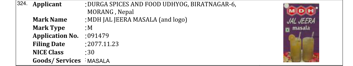 Original bulletin entry for MDH JAL JEERA MASALA (and logo)